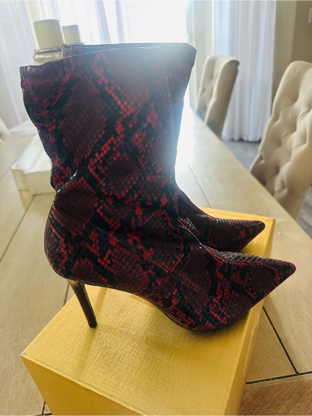 Women's Red Snake-Print Pointed Toe Stiletto Booties